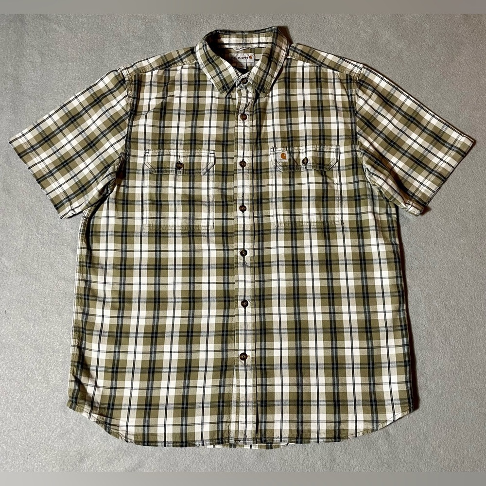 Carhartt Shirt Men’s Large Brown Plaid Short Sleeve Cotton Button Up Outdoors